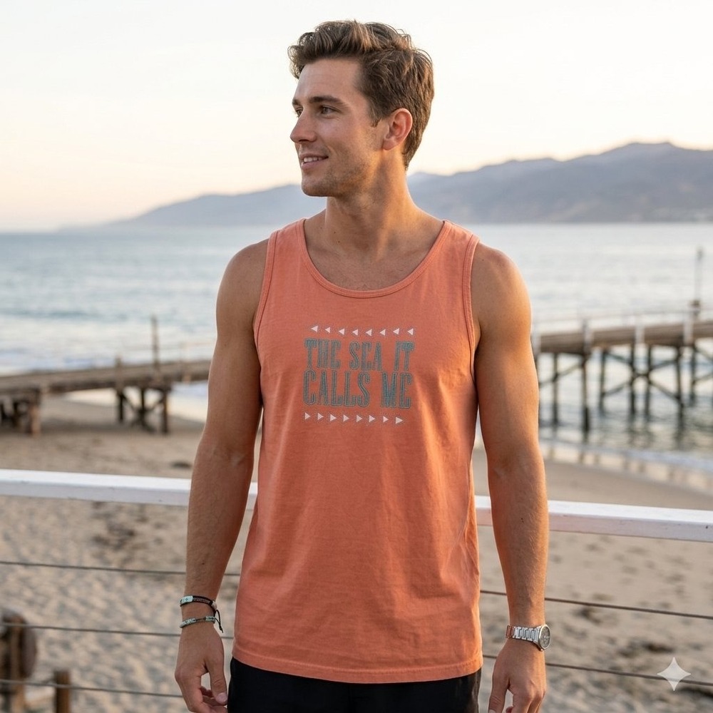 Comfort Colors Tank Top Mens Medium Orange The Sea It Calls Me Embroidered